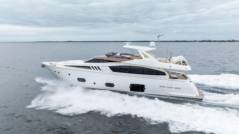 Bon Bon Yacht Photos Pics Luxury 2012 Ferretti Yachts 800 cruising on open water.