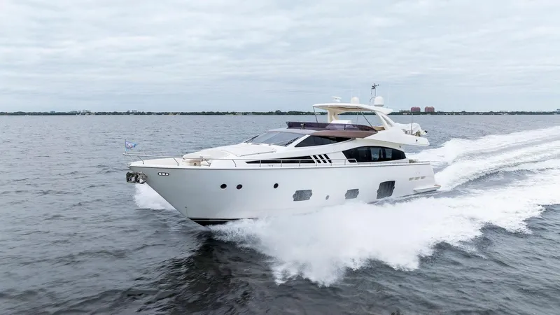 Bon Bon Yacht Photos Pics 2012 Ferretti Yachts 800 cruising on open water, showcasing sleek design and luxury.