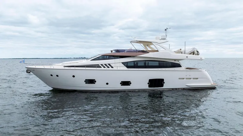Bon Bon Yacht Photos Pics 2012 Ferretti Yachts 800 on open water under cloudy sky.