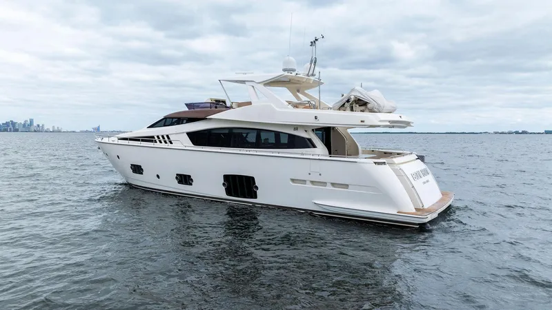 Bon Bon Yacht Photos Pics Luxury 2012 Ferretti Yachts 800 cruising on open water.
