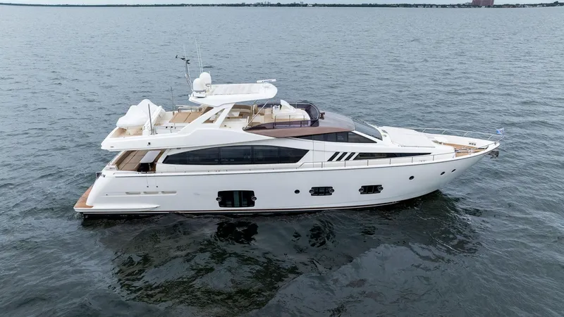 Bon Bon Yacht Photos Pics Luxurious 2012 Ferretti Yachts 800 cruising on open water.