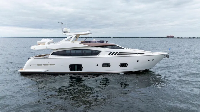 Bon Bon Yacht Photos Pics 2012 Ferretti Yachts 800 cruising on open water under cloudy skies.