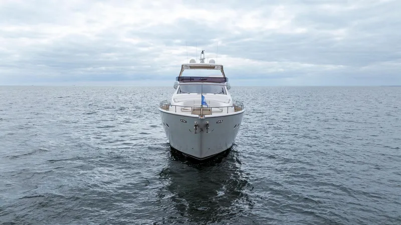 Bon Bon Yacht Photos Pics Front view of a 2012 Ferretti Yachts 800 on open water under cloudy skies.