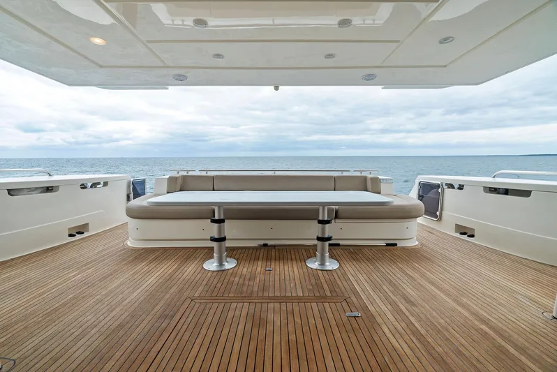 Bon Bon Yacht Photos Pics Luxurious 2012 Ferretti Yachts 800 deck with ocean view and elegant seating.