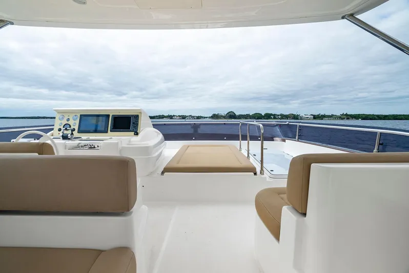Bon Bon Yacht Photos Pics Luxurious 2012 Ferretti Yachts 800 flybridge with seating and navigation controls.