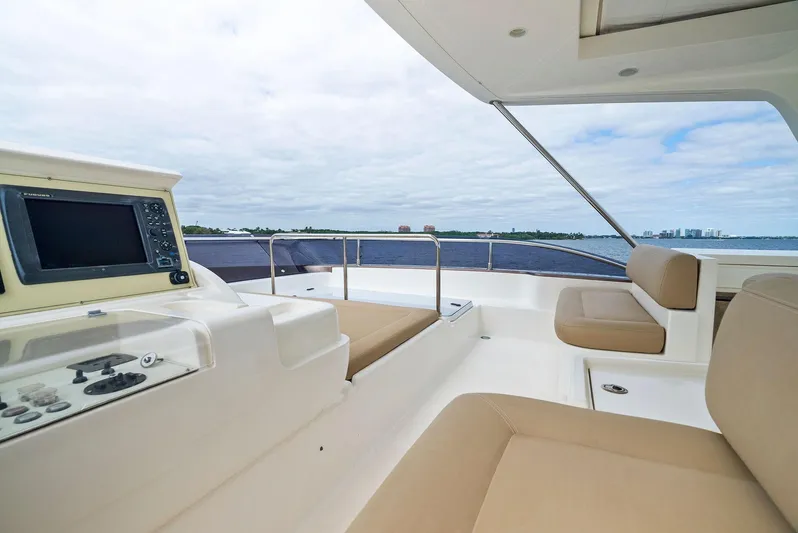 Bon Bon Yacht Photos Pics Luxurious 2012 Ferretti Yachts 800 flybridge with seating and navigation system, overlooking the ocean.
