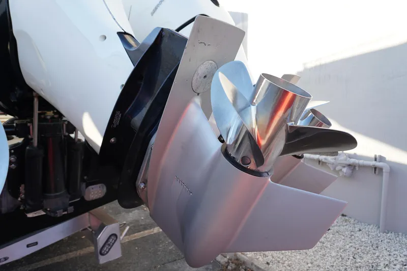 Yacht Photos Pics Close-up of a 2015 MTI 42 XSF boat propeller in sunlight.