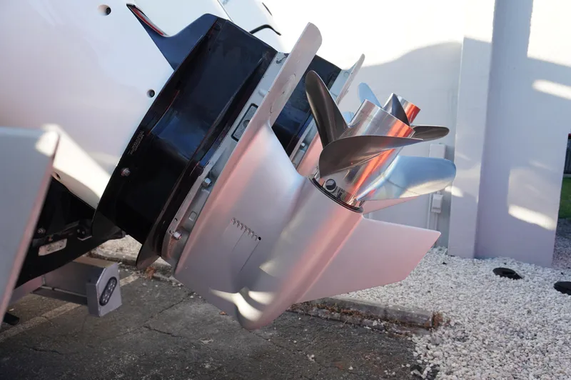  Yacht Photos Pics Close-up of 2015 MTI 42 xsf boat propeller in sunlight.