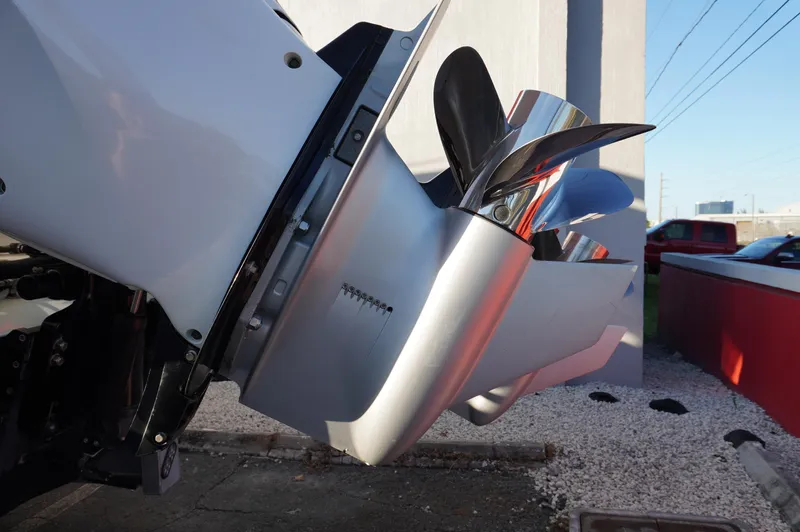  Yacht Photos Pics Close-up of a 2015 MTI 42 XSF boat engine propeller.