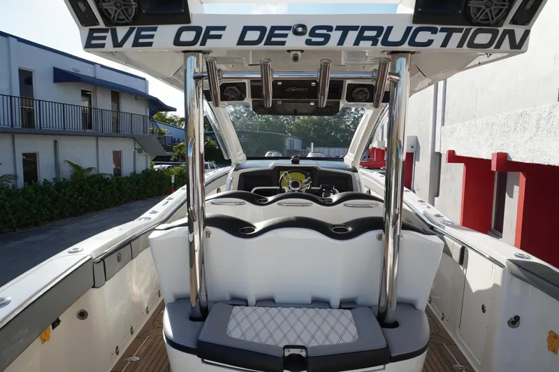  Yacht Photos Pics 2015 MTI 42 XSF boat interior with "Eve of Destruction" text on the canopy.
