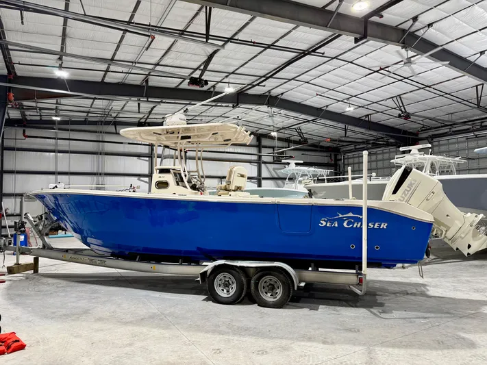  Yacht Photos Pics 2020 Sea Chaser 30 HFC CC boat in a warehouse on a trailer.