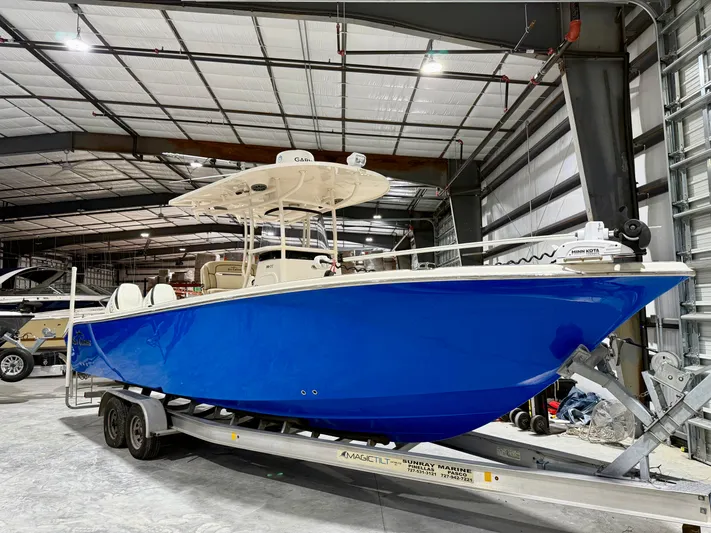 Yacht Photos Pics 2020 Sea Chaser 30 HFC CC boat in a warehouse on a trailer.