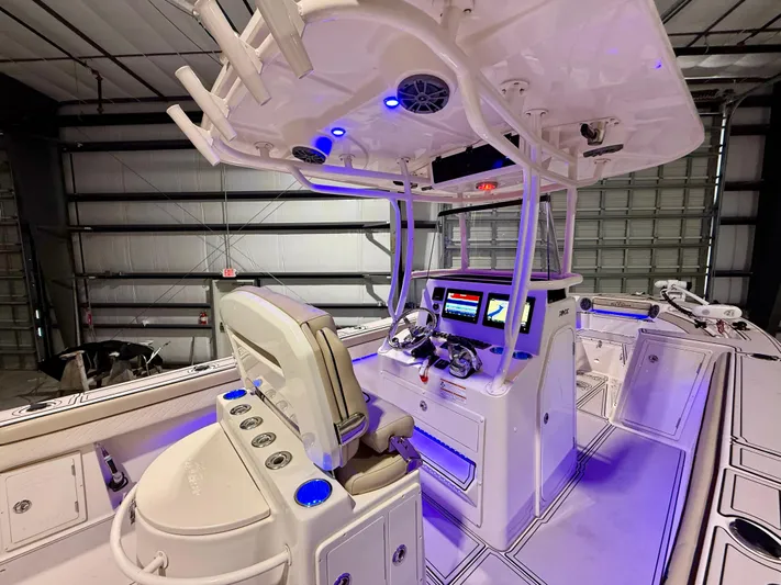  Yacht Photos Pics 2020 Sea Chaser 30 HFC CC boat interior with modern controls and lighting.