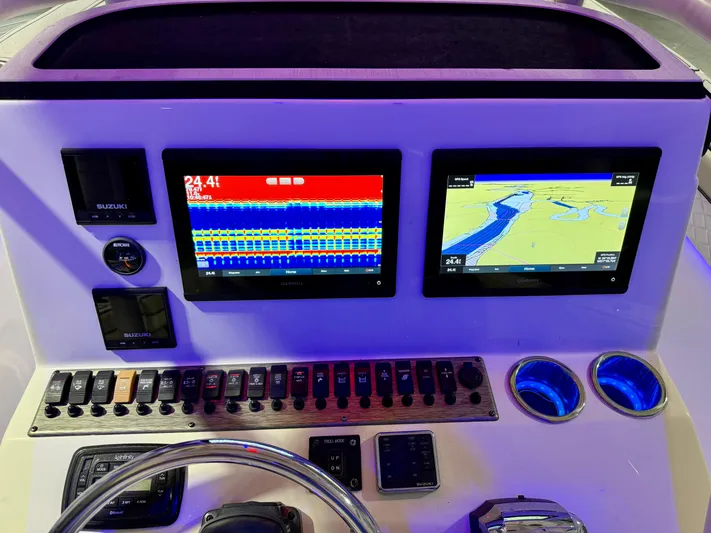  Yacht Photos Pics Console of 2020 Sea Chaser 30 HFC CC with dual navigation screens and controls.