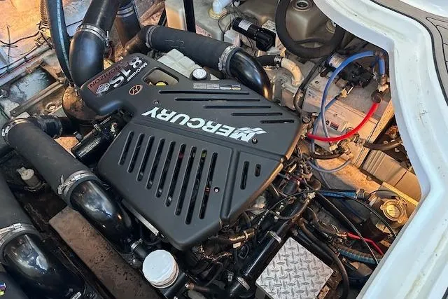  Yacht Photos Pics Engine compartment of 2007 Sea Ray 340 Sundancer with Mercury engine components.