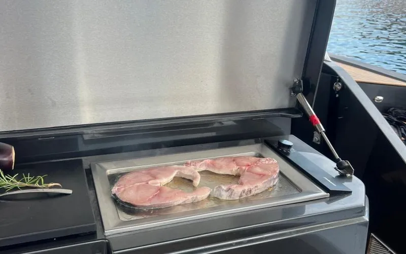 Yacht Photos Pics Grilling fish on a Frauscher 1414 Demon yacht, 2019 model, with rosemary garnish.