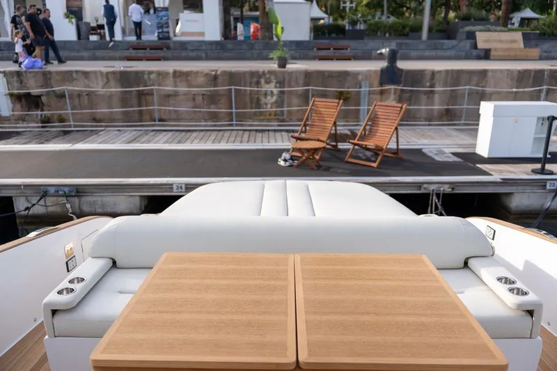  Yacht Photos Pics 2026 Solaris Power 44 Sport Turismo yacht interior with dockside view.