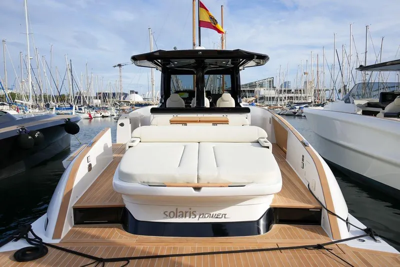  Yacht Photos Pics 2026 Solaris Power 44 Sport Turismo yacht docked in marina, showcasing luxury design.