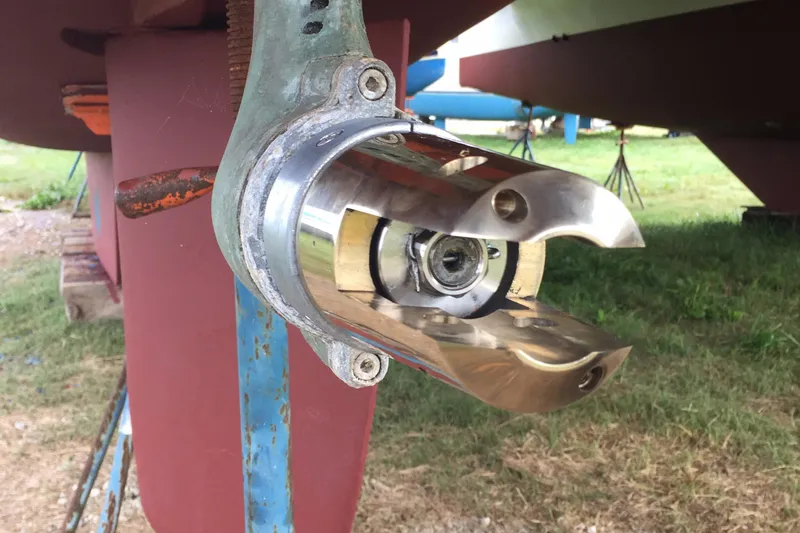 Rollercoaster Yacht Photos Pics Close-up of a 2007 Lagoon 420 propeller.