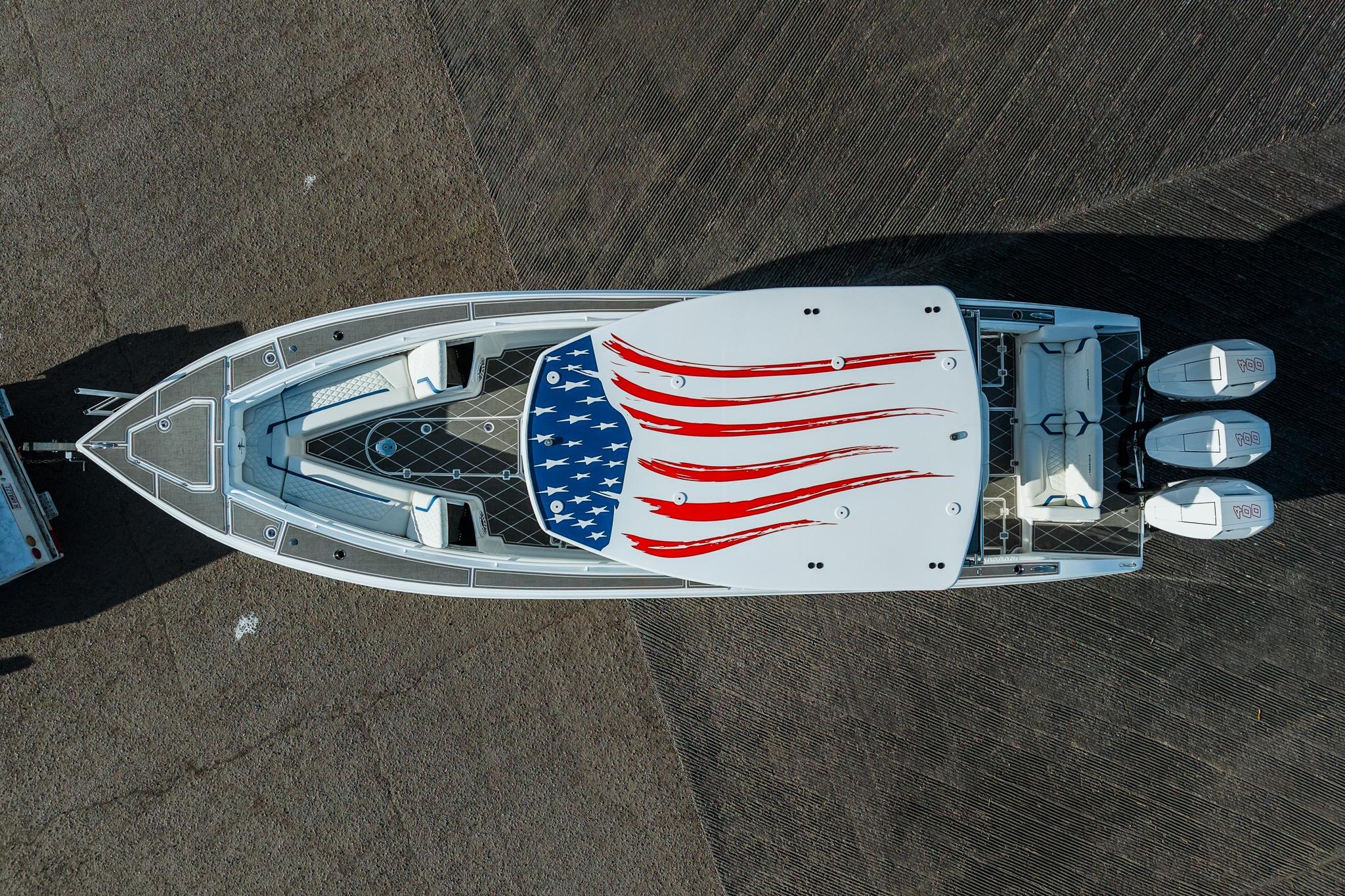 Aerial view of 2026 Statement 350 Open boat with American flag design on deck.