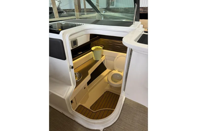  Yacht Photos Pics 2019 Sea Ray SLX 310 Outboard boat interior with compact bathroom and modern amenities.