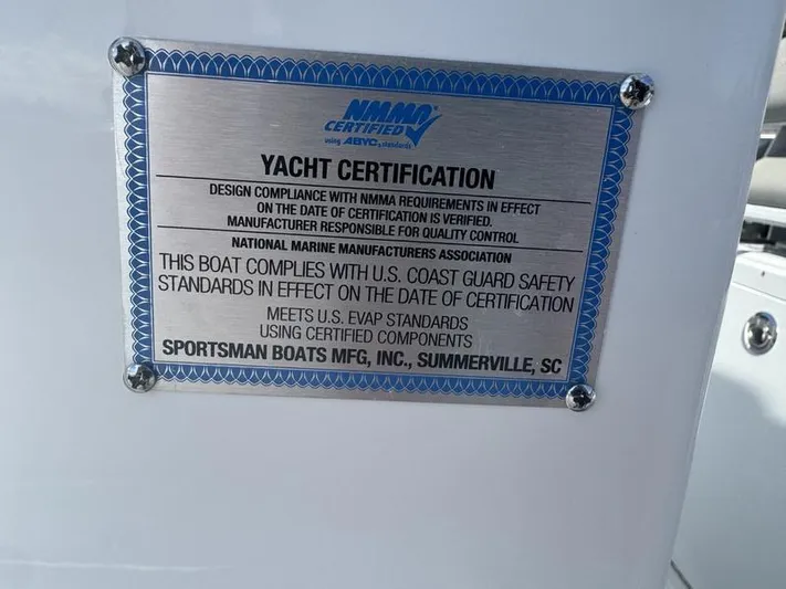  Yacht Photos Pics Yacht certification plaque on 2025 Sportsman Heritage 26, verifying compliance with safety standards.