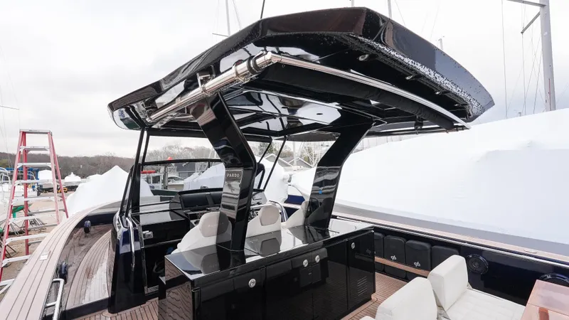  Yacht Photos Pics 2021 Pardo Yachts P43 with sleek black design and spacious deck area.