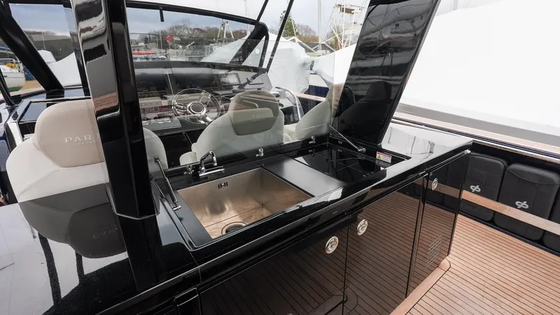  Yacht Photos Pics 2021 Pardo Yachts P43 interior with sleek black cabinetry and modern sink.