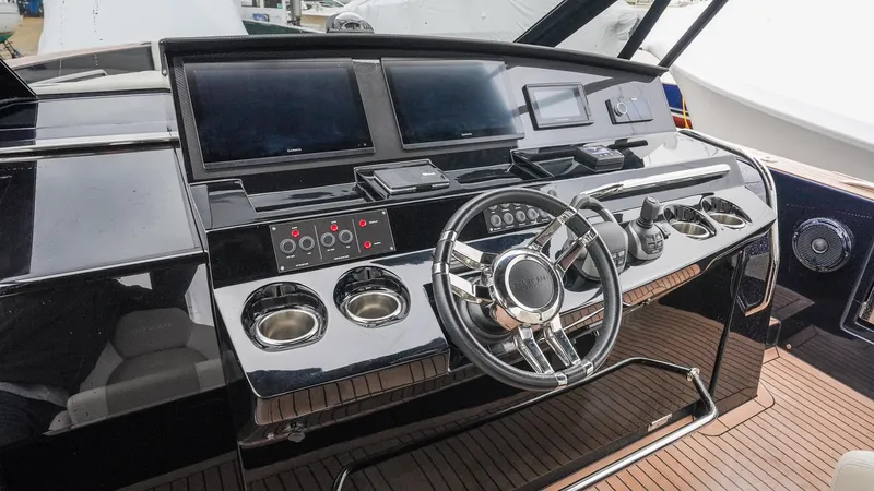  Yacht Photos Pics Pardo Yachts P43 2021 dashboard with modern controls and sleek steering wheel.