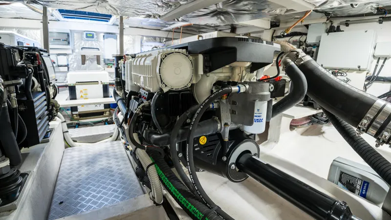 Yacht Photos Pics Engine room of 2021 Pardo Yachts P43, showcasing advanced marine engineering and components.