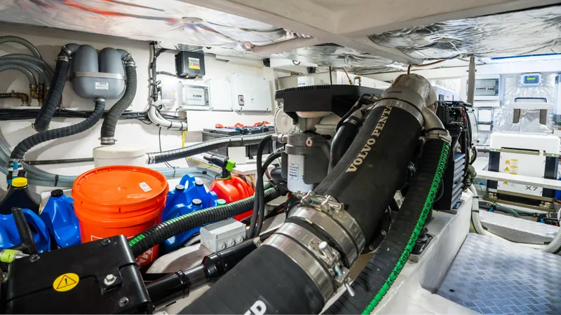  Yacht Photos Pics Engine room of 2021 Pardo Yachts P43, featuring Volvo Penta components and various equipment.