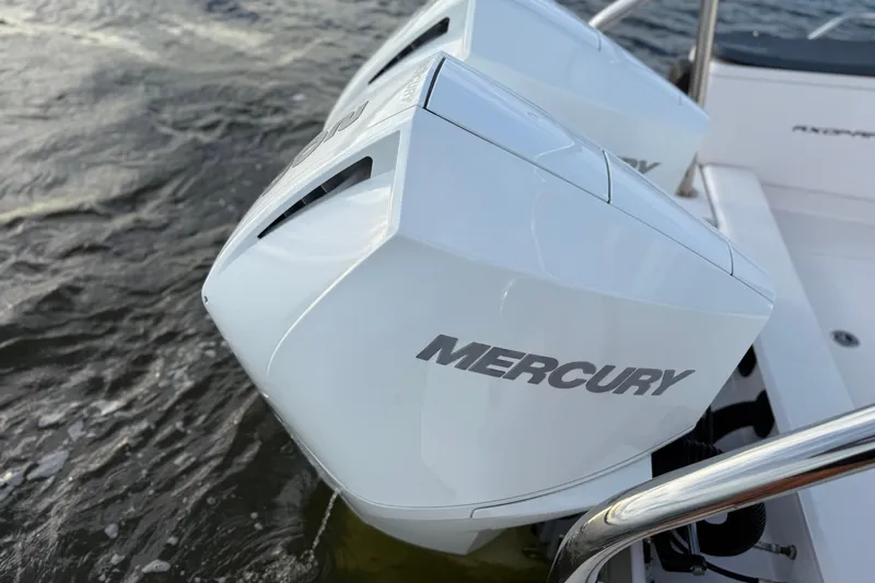  Yacht Photos Pics Twin Mercury outboard engines on a 2022 Axopar 28 Cabin boat.
