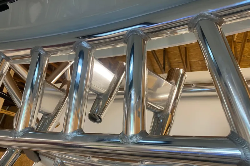  Yacht Photos Pics Close-up of polished metal framework on 2022 Front Runner 39 CC boat.