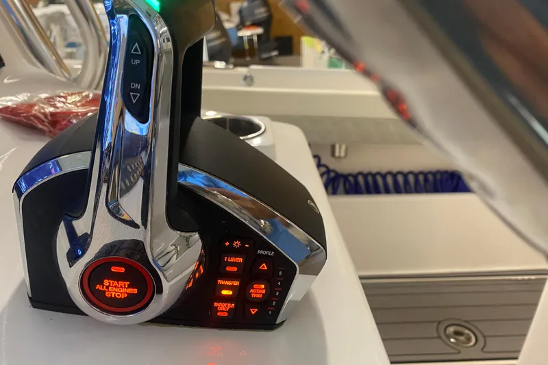  Yacht Photos Pics Control panel of 2022 Front Runner 39 CC boat with engine start-stop button.