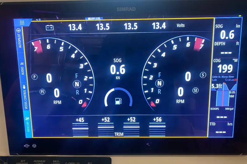 Yacht Photos Pics Simrad display on 2022 Front Runner 39 CC showing navigation and engine data.