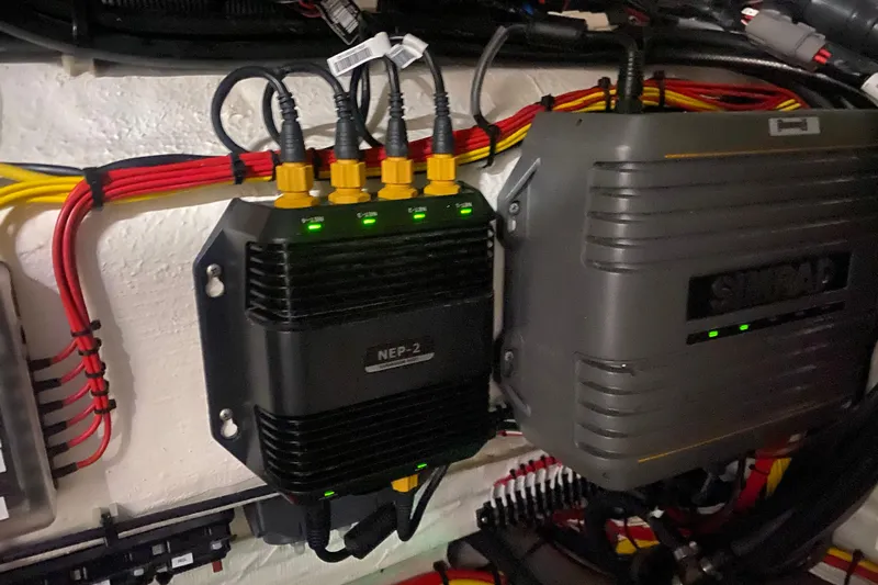  Yacht Photos Pics Electrical system in a 2022 Front Runner 39 CC boat with NEP-2 and Simrad devices.