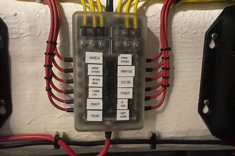  Yacht Photos Pics Electrical panel with labeled wires in a 2022 Front Runner 39 CC boat.