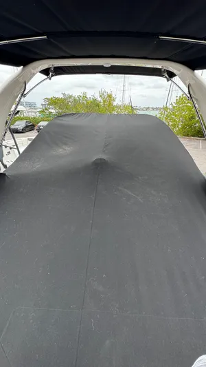  Yacht Photos Pics 2024 Regal 26 XO boat with black cover, docked near greenery.