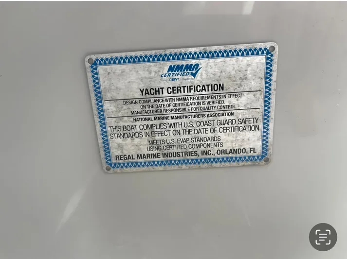  Yacht Photos Pics 2024 Regal 26 XO yacht certification plaque, NMMA compliance, U.S. Coast Guard standards, Orlando, FL.