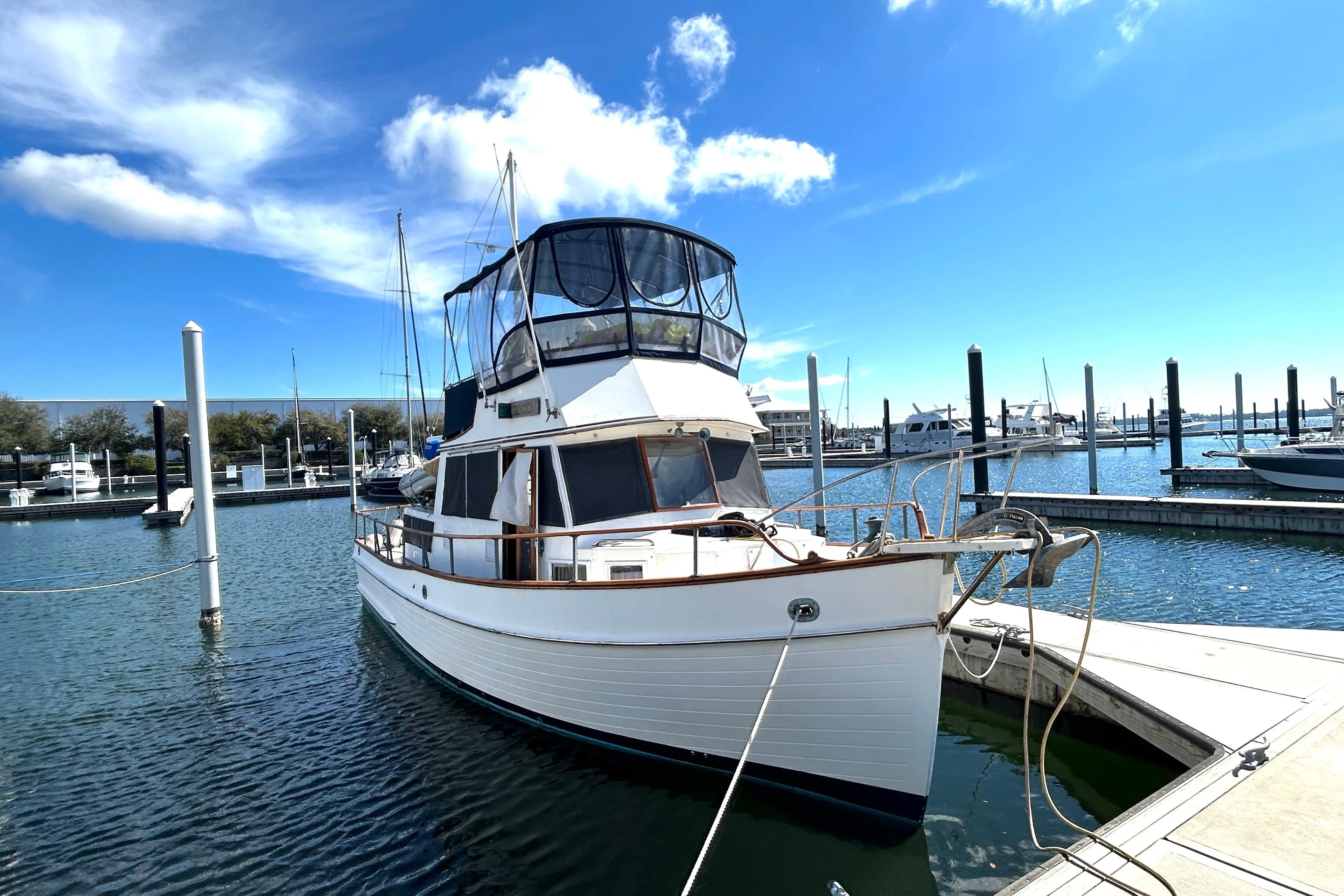 1988 Grand Banks 36 Classic yacht docked at marina under clear blue sky.