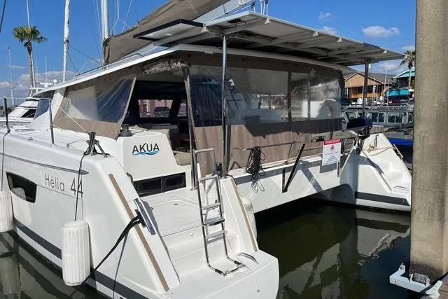 Akua Yacht Photos Pics 2018 Fountaine Pajot Helia 44 Evolution catamaran docked at marina.