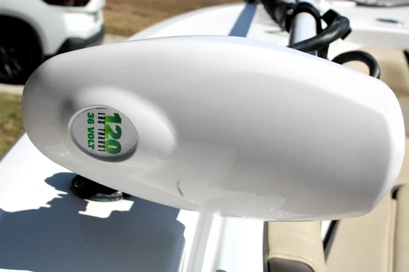  Yacht Photos Pics Close-up of a 2022 Tidewater 272 CC Adventure boat's 120 lb thrust, 36-volt motor.