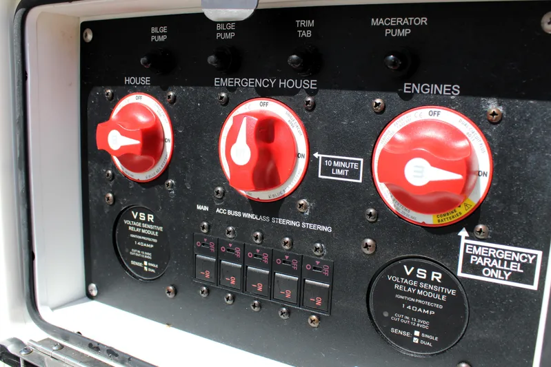  Yacht Photos Pics Control panel of 2022 Tidewater 272 CC Adventure boat with emergency switches and VSR modules.