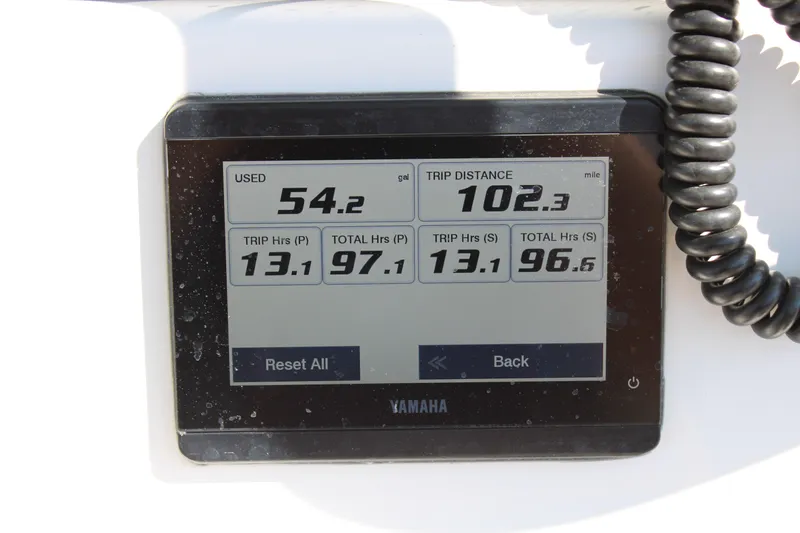  Yacht Photos Pics Yamaha display showing fuel usage and trip data on 2022 Tidewater 272 CC Adventure boat.