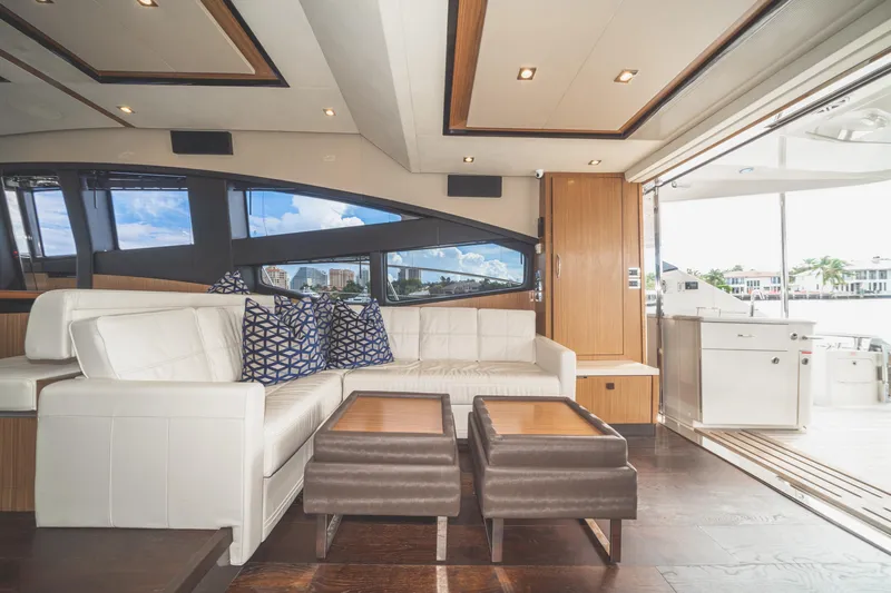  Yacht Photos Pics Luxurious interior of 2017 Sea Ray L650 Fly yacht with elegant seating and modern design.