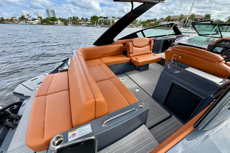  Yacht Photos Pics 2022 Cruisers Yachts 338 South Beach Edition Bow Rider with luxurious seating and modern design.