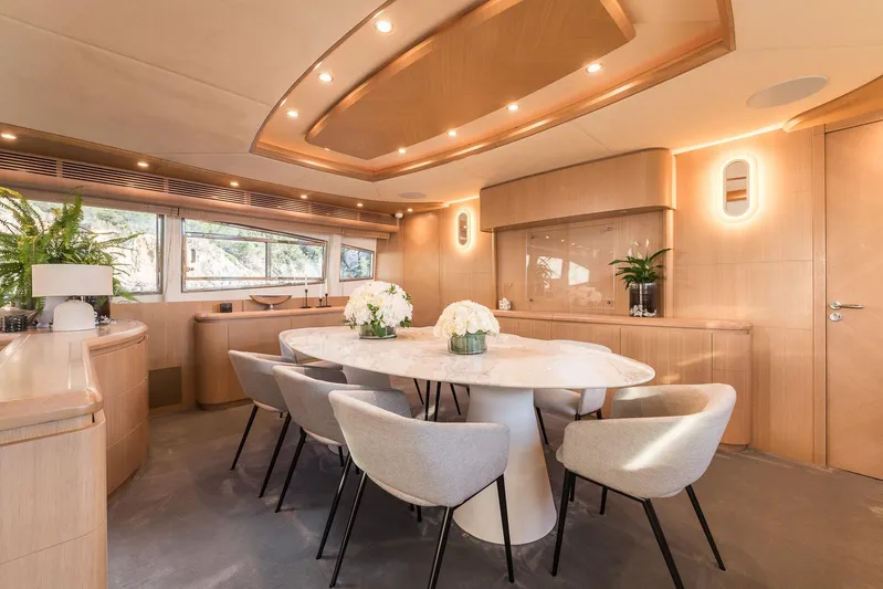 Alacant Yacht Photos Pics Luxurious dining area on 2005 Astondoa 102 GLX yacht with elegant decor and modern furnishings.