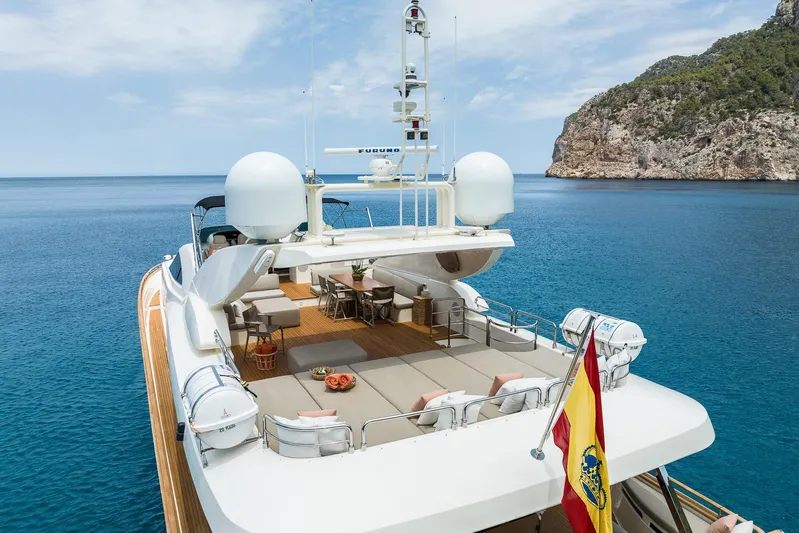 Alacant Yacht Photos Pics Luxurious 2005 Astondoa 102 GLX yacht on serene blue waters, featuring spacious deck and elegant design.