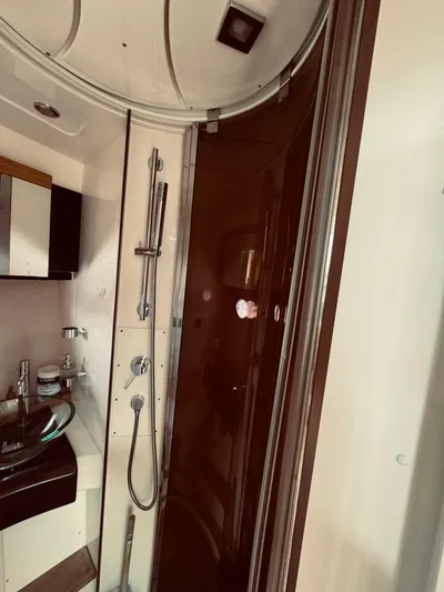  Yacht Photos Pics Interior bathroom of a 2009 Azimut Atlantis 50 yacht with modern fixtures.