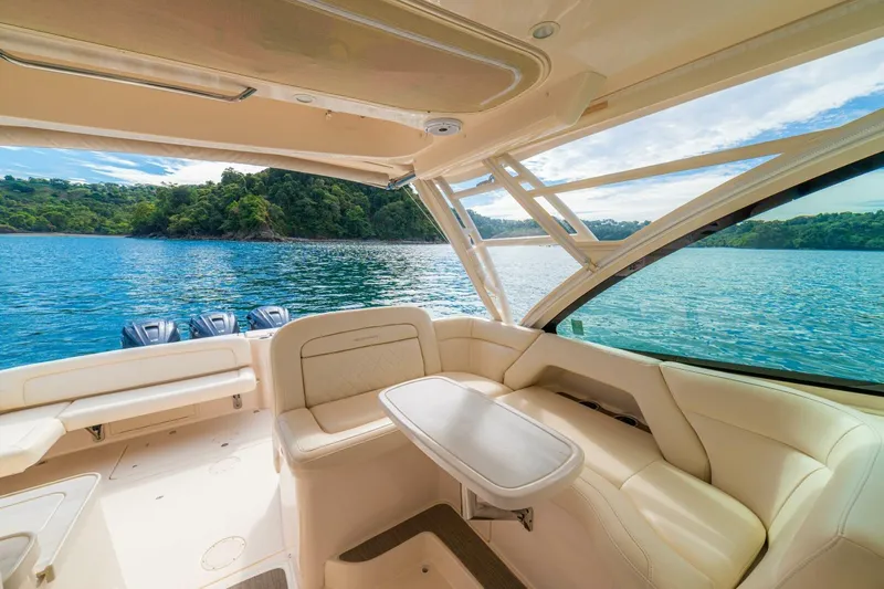 Dos Amigos Yacht Photos Pics 2020 Grady-White Freedom 375 boat interior with scenic ocean view.